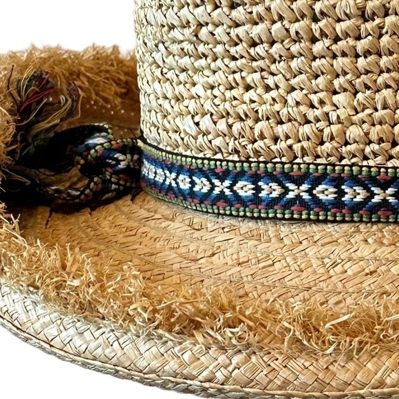Scala Studio Boho Straw Hat Frayed Brim Woven Patterned Band Detail One Size - Picture 6 of 7